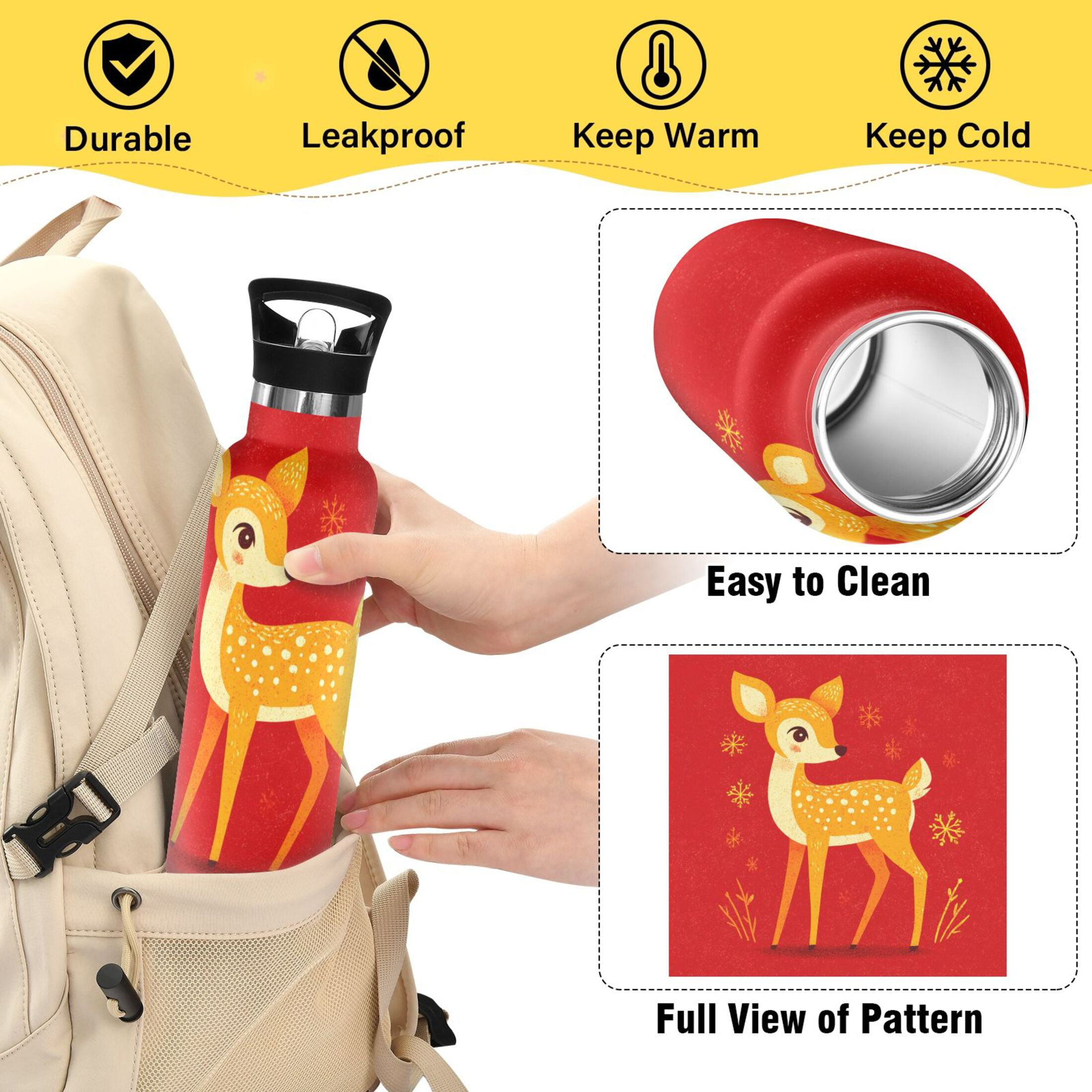 600ML Stainless Steel Insulated Cup Sports Water Bottle Portable Thermos Cup Water Glasses Insulated Tumblers Convenient and Durable Beautiful Yellow Christmas Deer