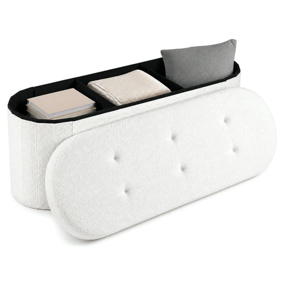 Costway Storage Ottoman Bench 43” Oval Ottoman with Dividers Folding Teddy Boucle Footrest White