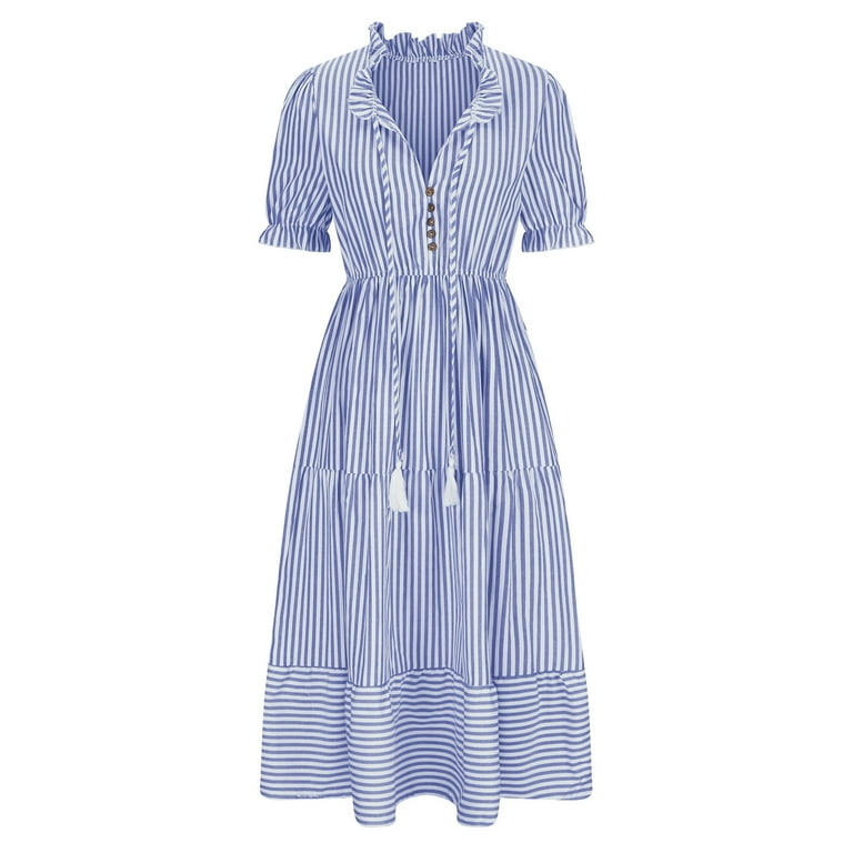 QUYUON Midi Dresses for Women Striped Print Ruffle Trim Button