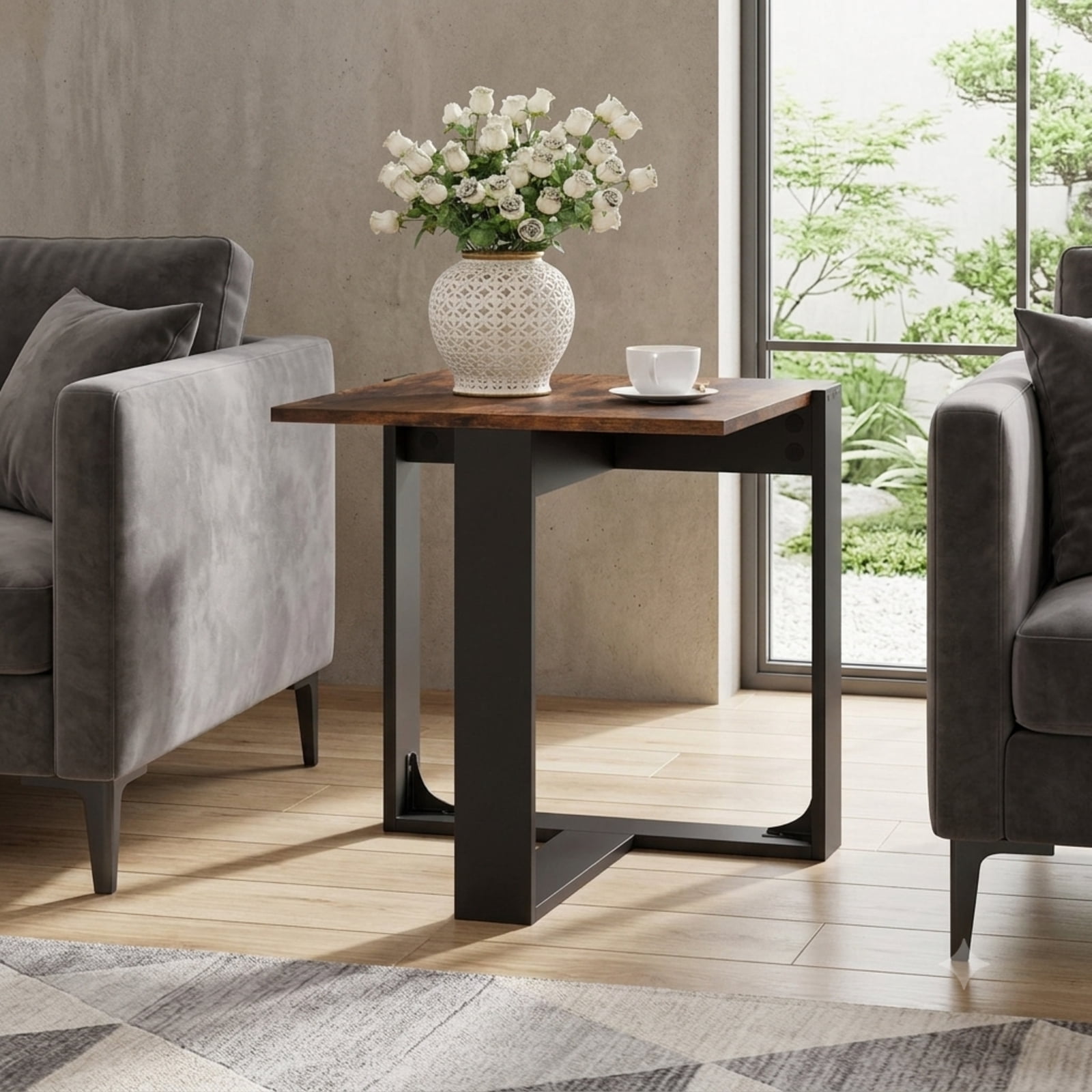 Furnibear Industrial Sofa End Table Set of 2 with Sturdy Metal Frame and T Shaped Base for Living Room Bedroom and Study, Rustic Brown