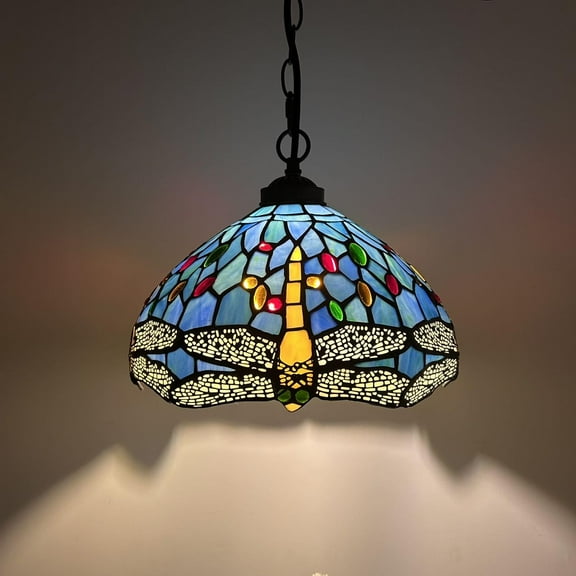 Tiffany Blue Stained Glass Dragonfly 12-Light LED Pendant Lights for Dining Room, Hotel, Restaurant, Cafe
