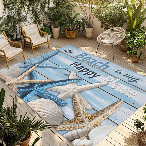 Fsddascl Blue Starfish Coastal Outdoor Rug for Patio/Deck/Porch, Non-Slip Large Area Rug 6 x 9 Ft, Nautical Shell Summer Beach Vintage Indoor Outdoor Rugs Washable Area Rugs, Camping Rug Carpet