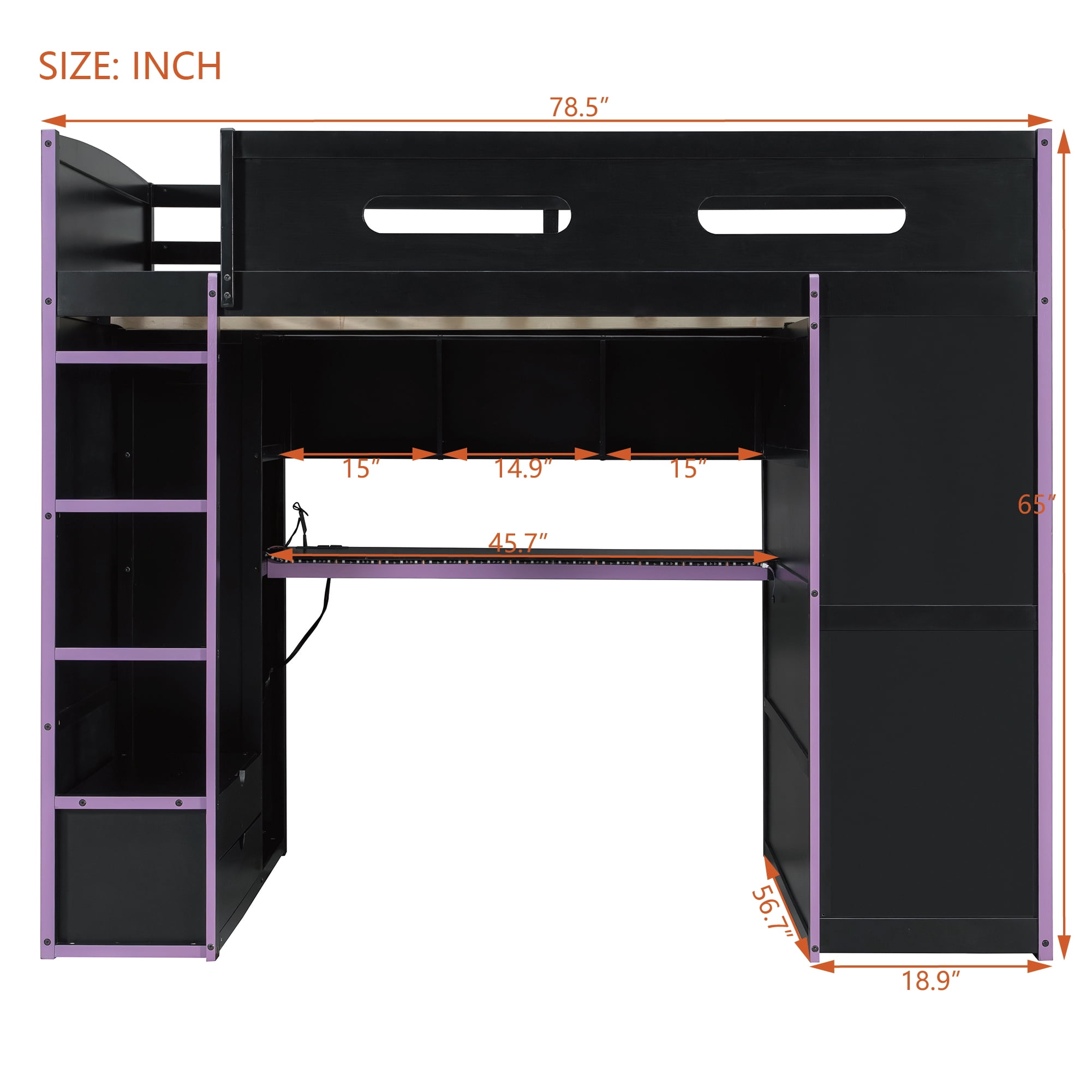 Mintazer Full Size Gaming Loft Bed with Desk & Dual Wardrobes, Esports Loft Bed with RGB LED Light & Storage Drawers, Black & Purple