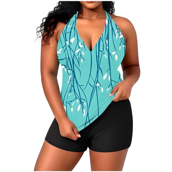 Staron Plus Size Women's Tankini Swimsuit Set Casual Solid Color Halter Adjustable Top with Built-in Bralette Split Back Strappy Swimwear, Light Blue 4XL