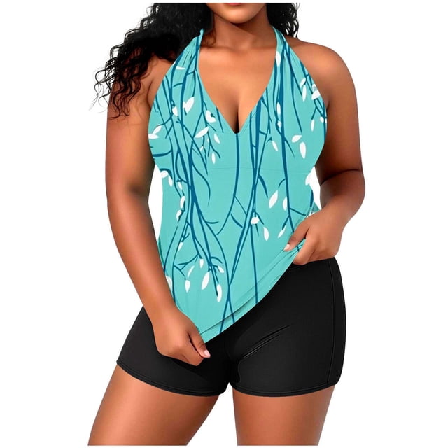 Swim Top for Women Plus Size with Built-In Bralette, Adjustable Strappy Back and Solid Color Design, Casual Two-Piece Swimsuit Set