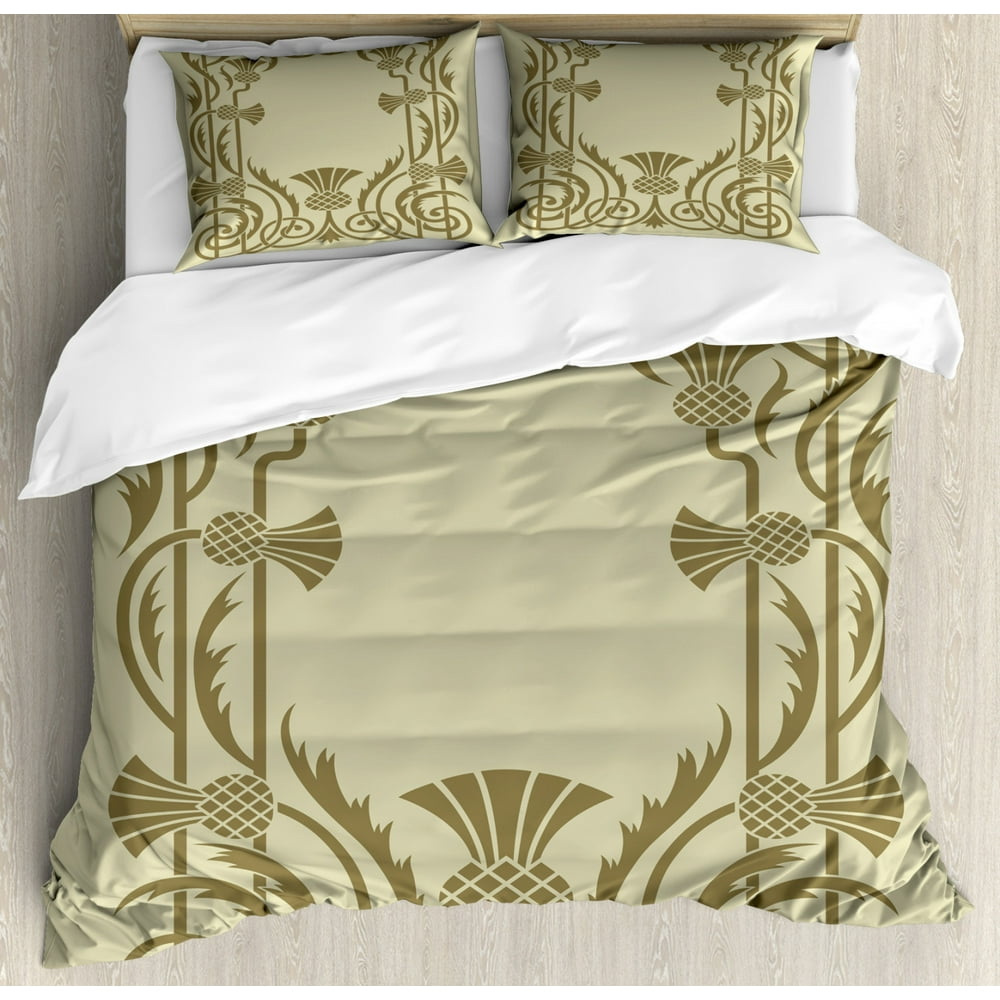 Art Nouveau King Size Duvet Cover Set, Botanical Framework with