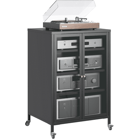 IKIMI Stereo Cabinet, Metal Media Storage Cabinet with Glass Doors, Audio-Video Media Stand with 4 Adjustable Shelves, AV Stand for Meeting, Living, Recording Room, Require Assembly, Black