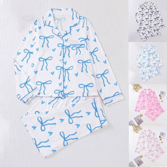 YAYUBA Women's 2 Piece Bow Valentine Pajama Set Long Sleeve Button Down Shirt and Pants Lounge Set