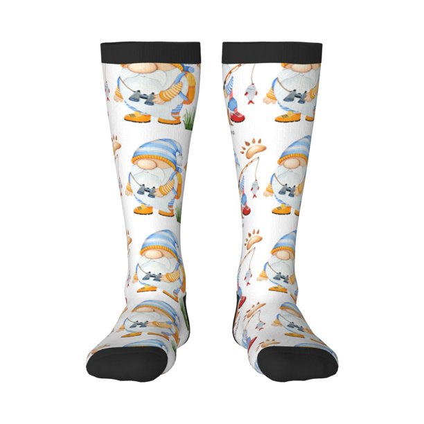Fotbe Gnome Camping Fishing Calcetas Divertidas Estampadas para Hombre y Mujer, Calcetas de Algodón hasta la Rodilla para Caminar, Correr, Enfermería y Embarazo