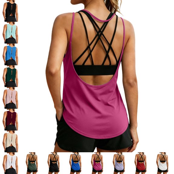 GPOECD Athletic Tank Tops for Women Plus Size Solid Color Backless Workout Yoga Sleeveless Top for Outdoor Activewear Womens Camisole 01_Hot Pink,S