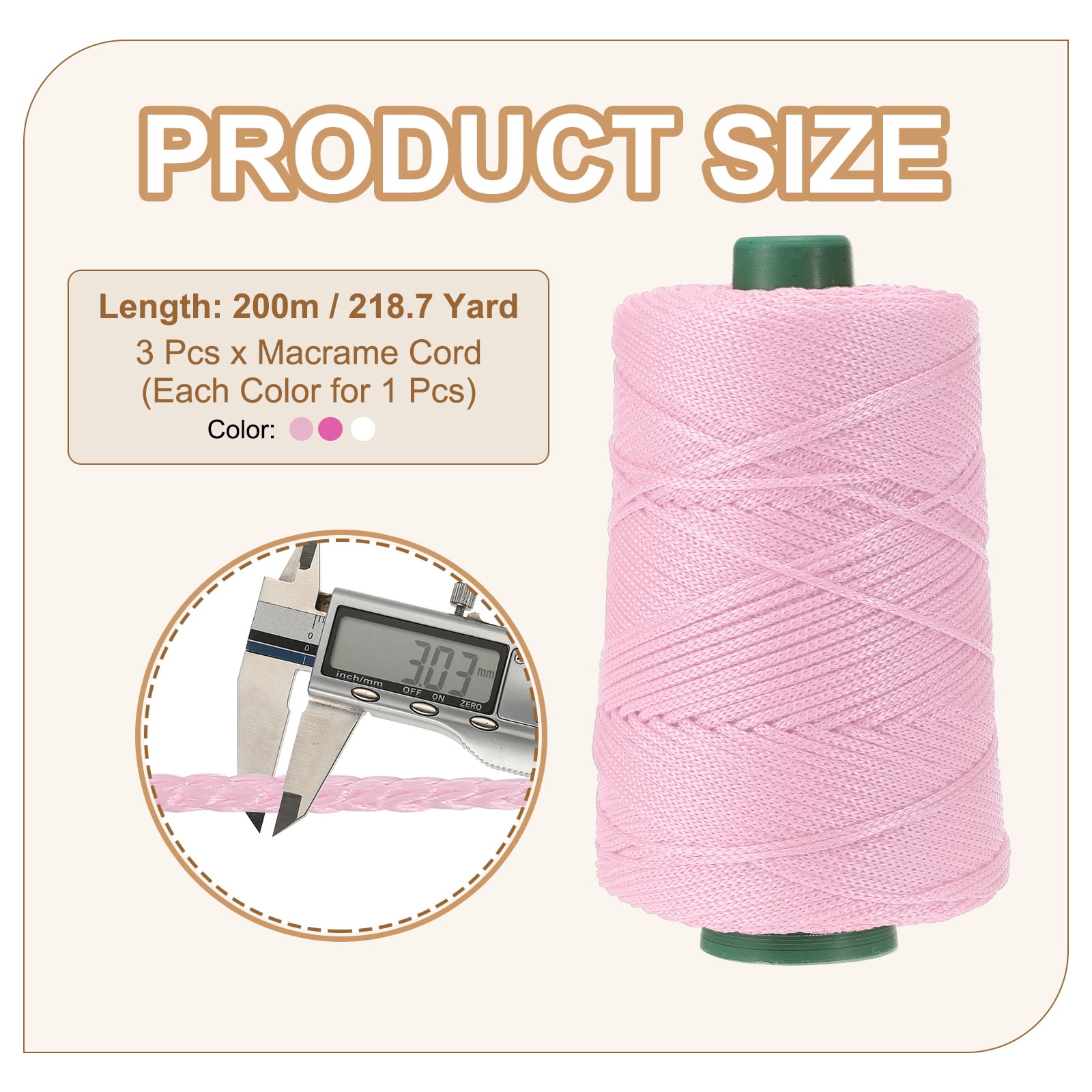 Uxcell Polyester Macrame Cord, 3mm x 219 Yards Polypropylene Cords for DIY Crafts - (3 Pack, White/Light Pink/Rose Red)