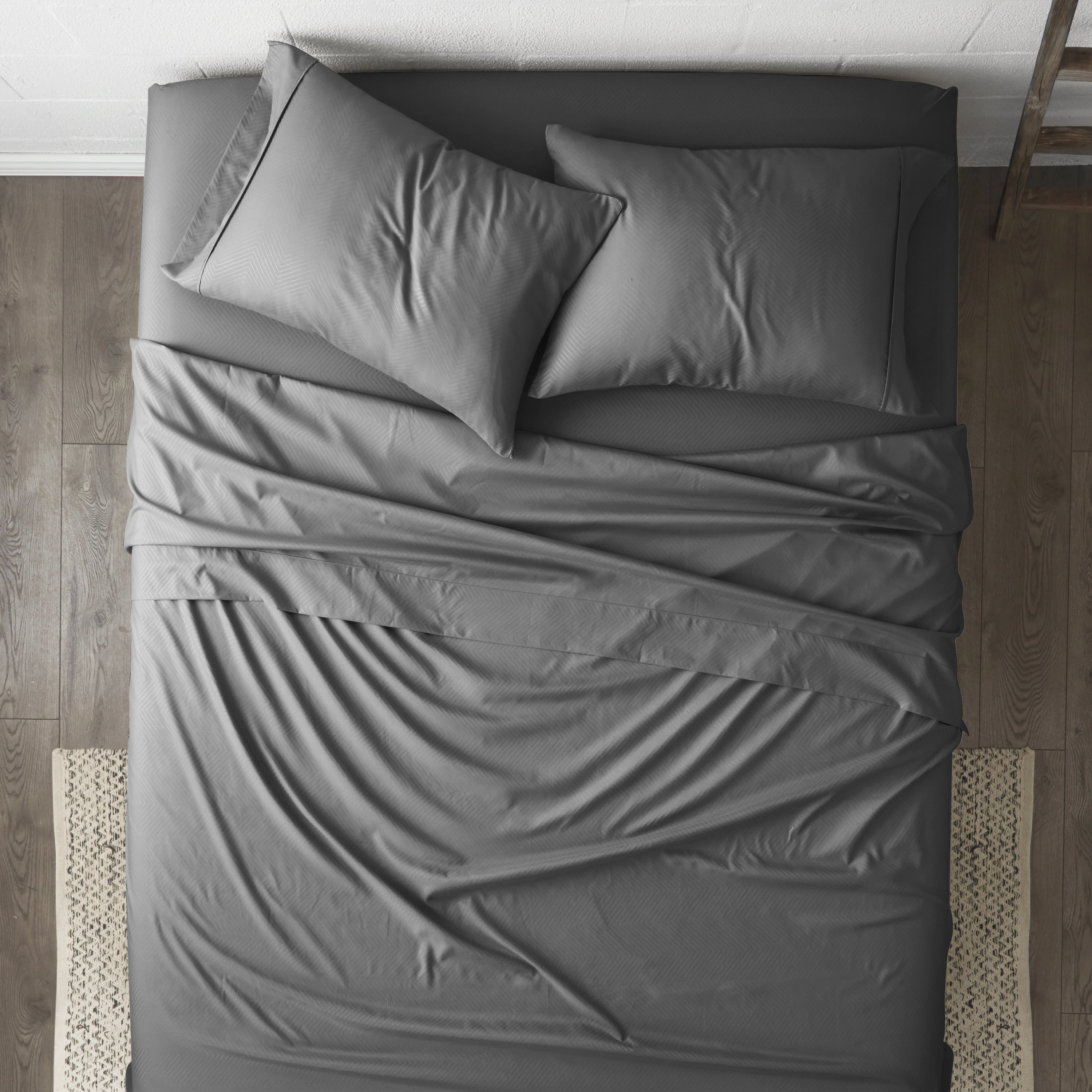Noble Linens 4 Piece Gray Chevron Embossed Bed Sheet Set, Full