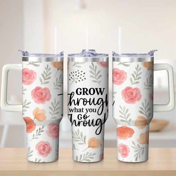 Floral Rose Grow Through Stainless Steel Insulated Mug with Lid and Handle, 30oz