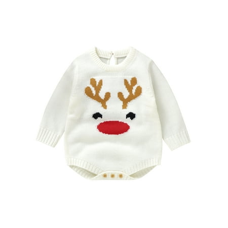 

Qtinghua Newborn Baby Girl Boy Christmas Romper Long Sleeve Deer Print Knit Jumpsuit Bodysuit Fall Clothes White 0-3 Months