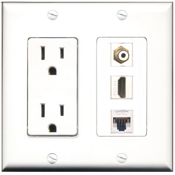RiteAV - 15 Amp Power Outlet 1 Port HDMI 1 Port RCA White 1 Port Cat5e Ethernet White Decorative Wall Plate