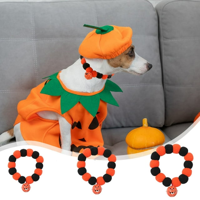 Collar de Halloween para Mascotas con Bolas de Pelo Sintético, Diseño de Calabaza y Cascabeles | Naranja, Poliéster, Talla L (26-45 Cm), 18 X 15 X 3 Cm, 16 G