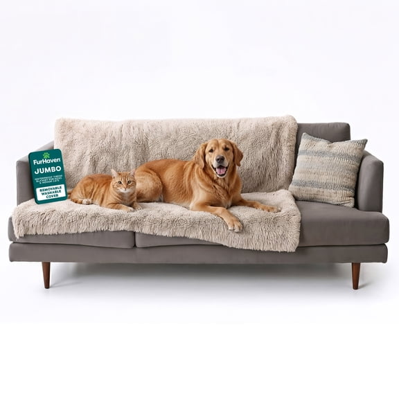 FurHaven Waterproof Throw Blanket For Dogs & Indoor Cats, Reversible Protective Pet Blanket, Extra Large, Long Faux Fur & Velvet, Taupe