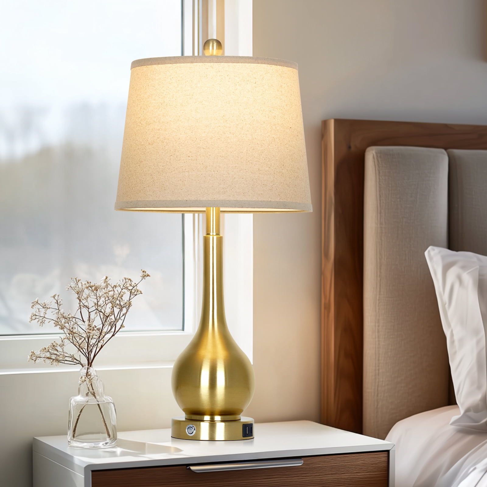Cinkeda 26" Modern Table Lamp Set of 2 Farmhouse Industrial Touch Bedside Nightstands Lamps with USB A+C Charging Ports