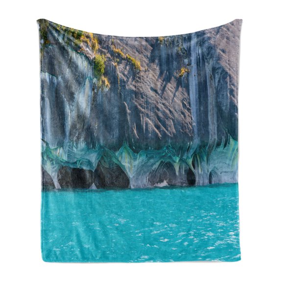 Turquoise Soft Flannel Fleece Throw Blanket, Marble Caves of Lake General Carrera Chile South American Natural, Cozy Plush for Indoor and Outdoor Use, 50" x 60", Purple Grey Turquoise, by Ambesonne