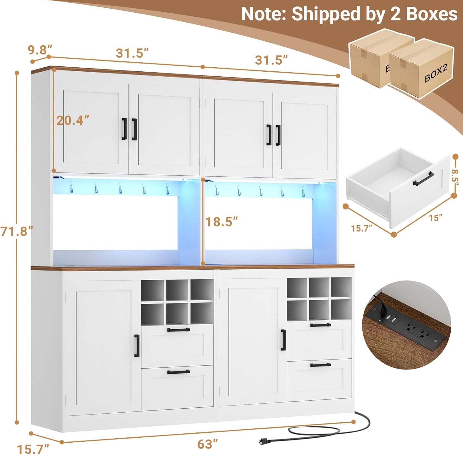 Homieasy 72'' Tall Pantry Cabinet with Outlet & LED Light, 63'' Wide Kitchen Hutch Bar with Microwave Stand, Drawers, Wine Rack & Shelves, Cupboard for Dining Room, White & Walnut