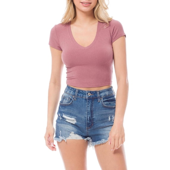 MixMatchy Women's Basic Ribbed Solid V-Neck Short Sleeve Crop Top