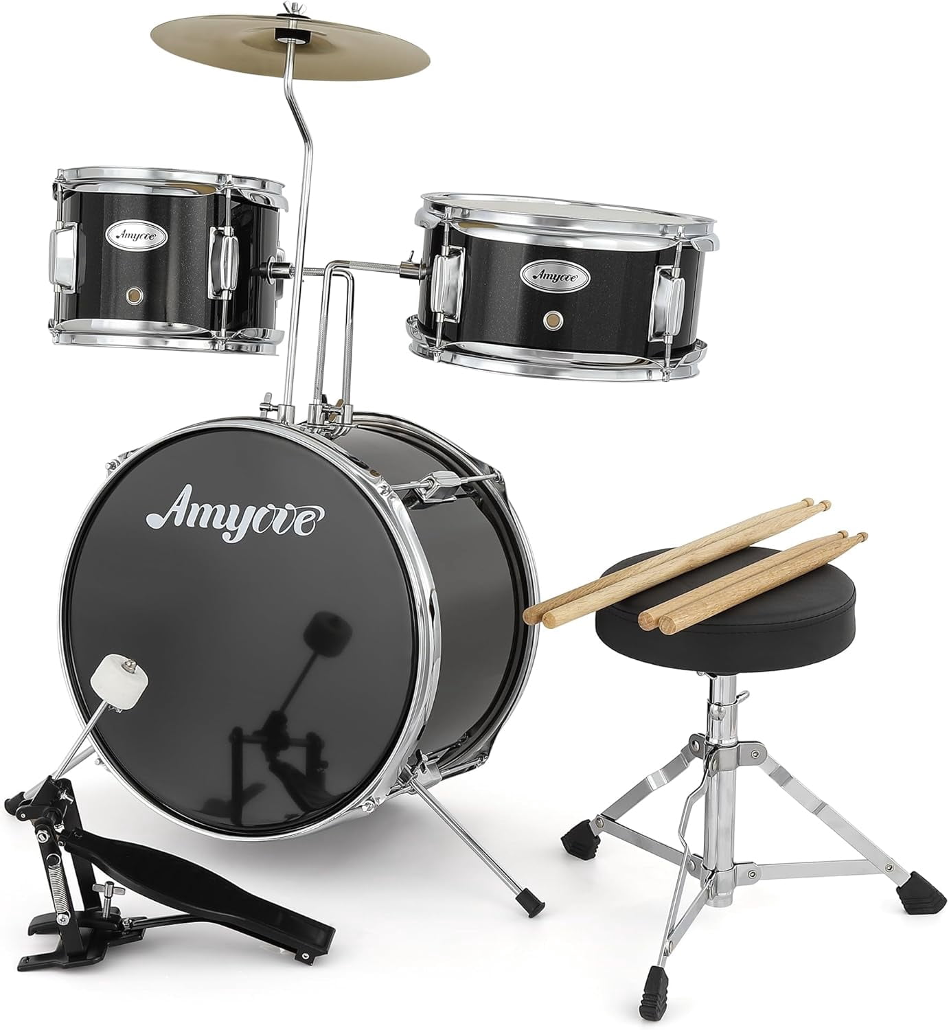 Drum Set, Drum Kit for Beginner With CymbalM, Tom, Bass Drum, Drumsticks, Bass Pedal, With Drum Stool, Metal AD 150, 3Pcs Drum Set, Percussionl Musical Holiday Gift for Boys and Girls,Black