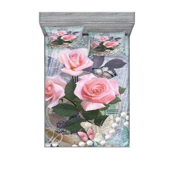 Ambesonne Floral Fitted Sheet & Pillow Sham Set, Vintage Rose Romance, Full, Pink Grey