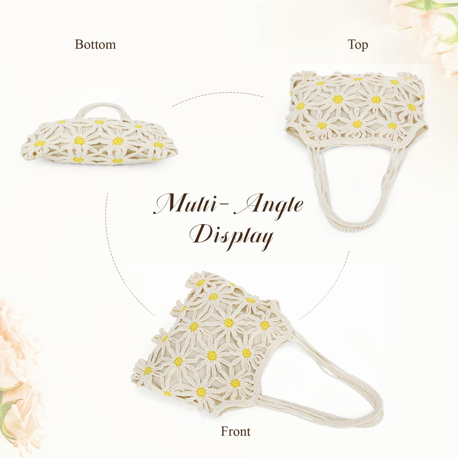 Women's Summer Crocheted Beach Tote Bag, Mesh Floral Knit Shoulder Bag