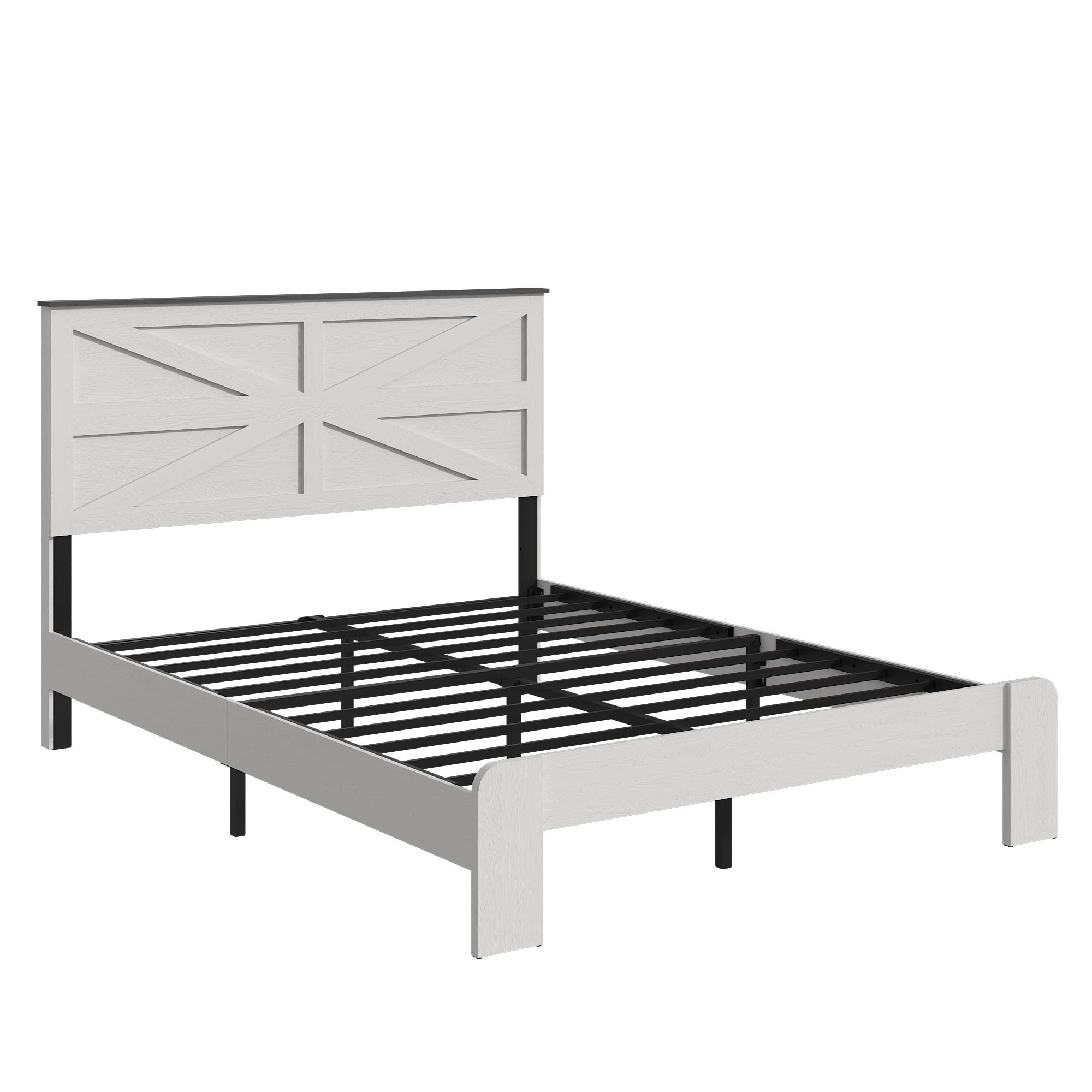 PORKISS Full White Farmhouse Bed Frame with Geometric Headboard, Platform Bed Frame with Under-Bed Storage, Metal Slat Support, No Box Spring Needed