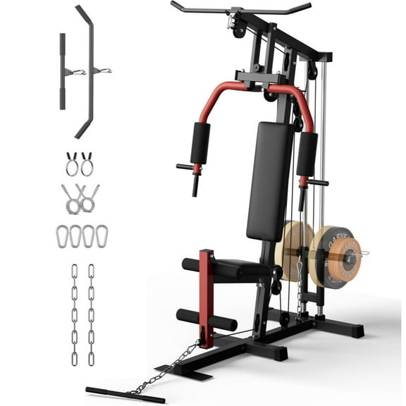 GARVEE Home Gym Station, Multifunctional Home Gym Equipment for All Body Training with Leg Press & Pulley System, Red