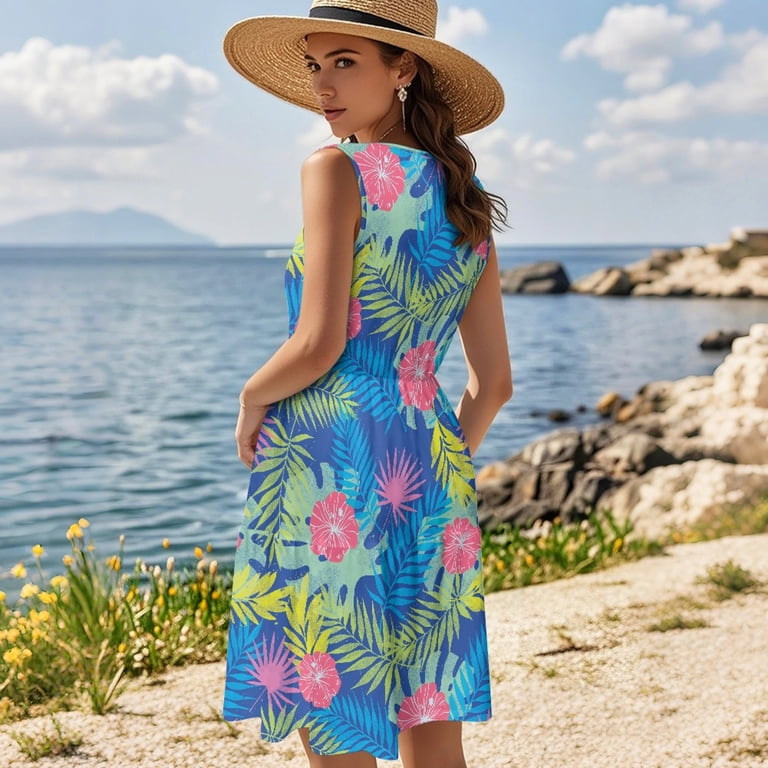 polyester tank dress womens tropical turtle print sleeveless tank dress