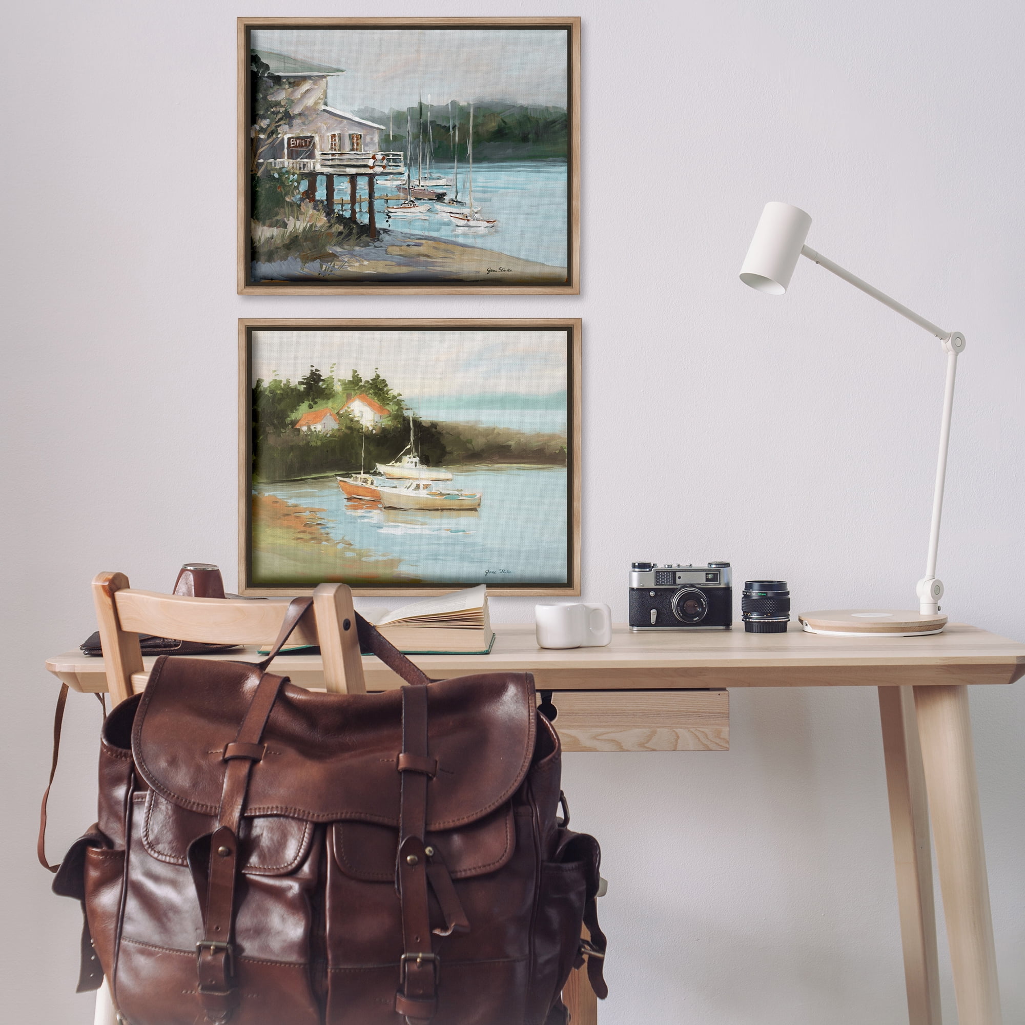 Stupell Industries Boat Lakeshore Landscape Landscape & Nature Painting Brown Floater Framed Canvas Art Print Wall Art, 31 x 25, Set of 2