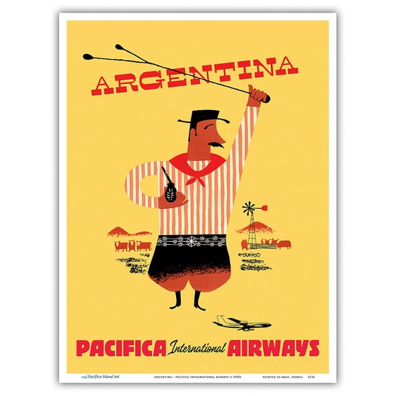 Argentina - Argentinean Gaucho (Cowboy) Mate Calabash Gourd Boleadoras - Pacifica International Airways - Vintage Airline Travel Poster c.1950s - Master Art Print (Unframed) 9in x 12in