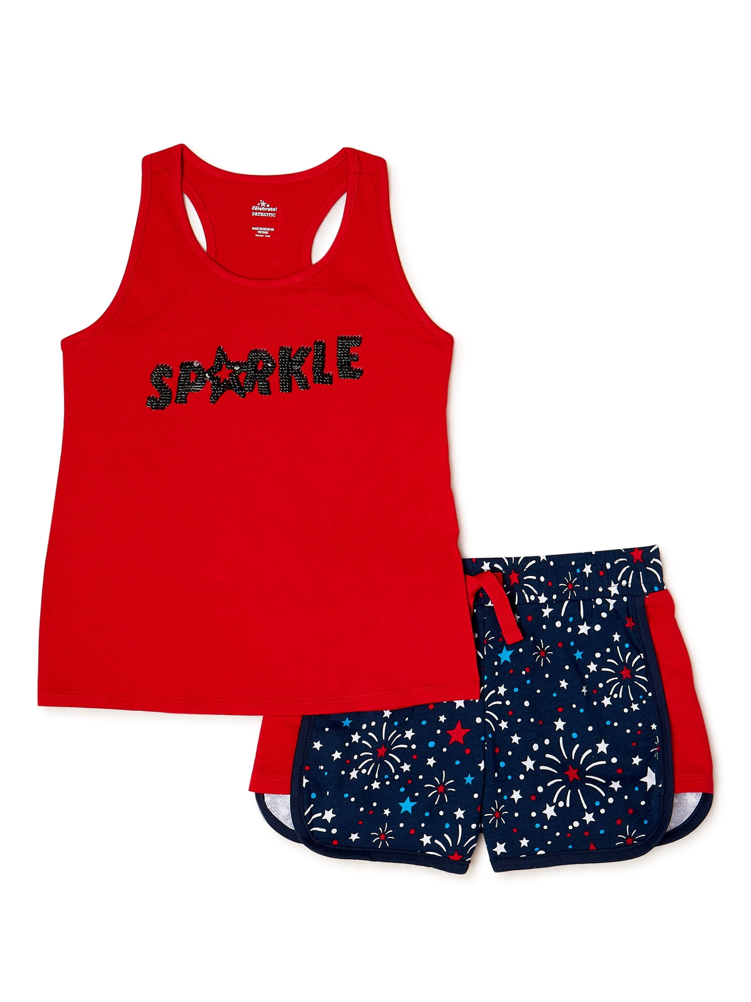 Girls’ Americana Flip Sequin Tank Top and Shorts, 2-Piece Outfit Set, Sizes 4-18