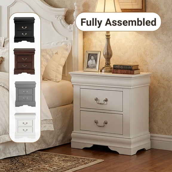 Traditional Solid Wood Nightstand with 2 Drawers in Black / Dark Cherry / White