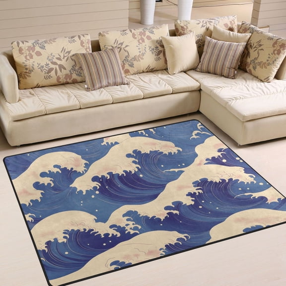 Yayeee Area Rugs for Living Room 5.2'x4' Indoor Non Slip Washable Bedroom Carpet, Blue Wave Pattern