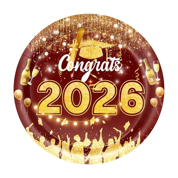 2026 Graduation Party 7in Plates 10PCS Congrats Disposable Dessert Plates for School Celebration Supplies, Red and Gold Round Paper Party Tableware