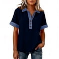 thumbnail image 5 of Women's Classic Loose Fit Polo Shirts Trendy Short Sleeve Denim Trim Half Button Casual Summer Tops Navy L, 5 of 5