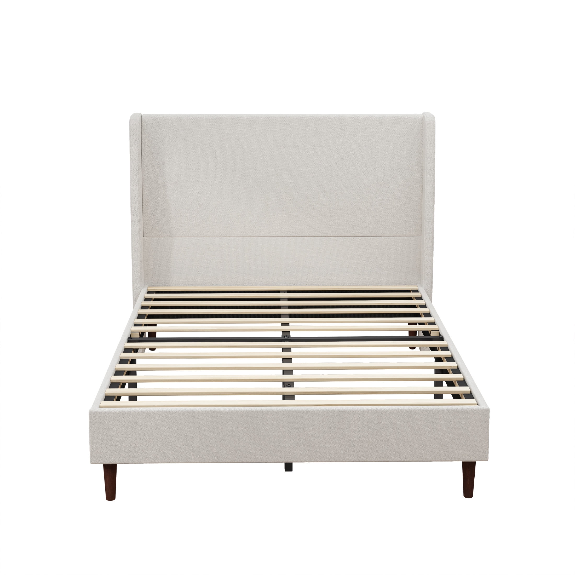 GDF Studio Queen Size Chenille Upholstered Bed with High Headboard & Wood Slat Support, Ivory White