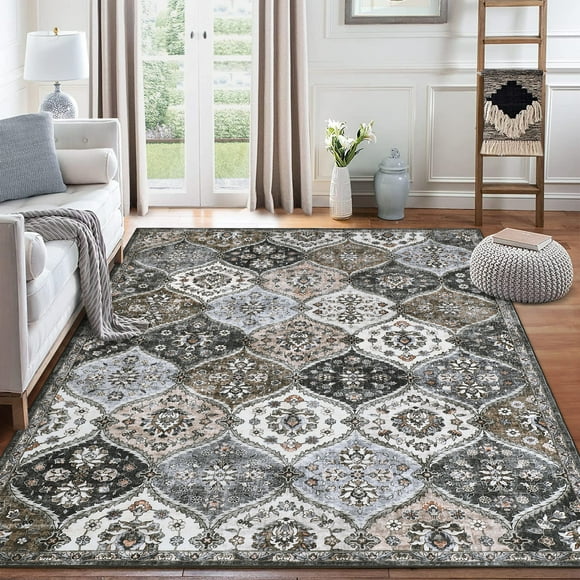 Washable North African Trellis Area Rug – Vintage Boho Medallion, Soft Low Pile, Non-Slip, mark Resistant Indoor Carpet – Living Room, Bedroom, Dining Room – Gray Coffee, 8ft x 10ft (244x305cm)