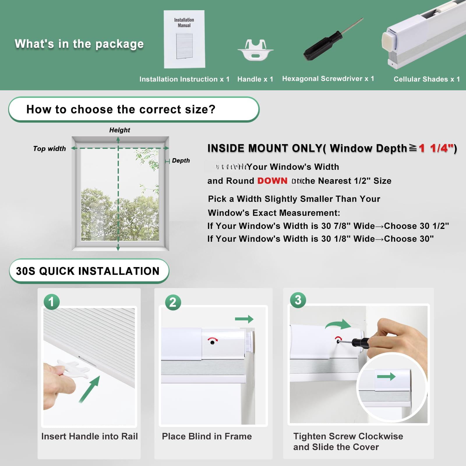White(blackout) 34 1/2"w X 64"h Cellular Window Shades, Cordless No Drill Thermal Insulating Blinds