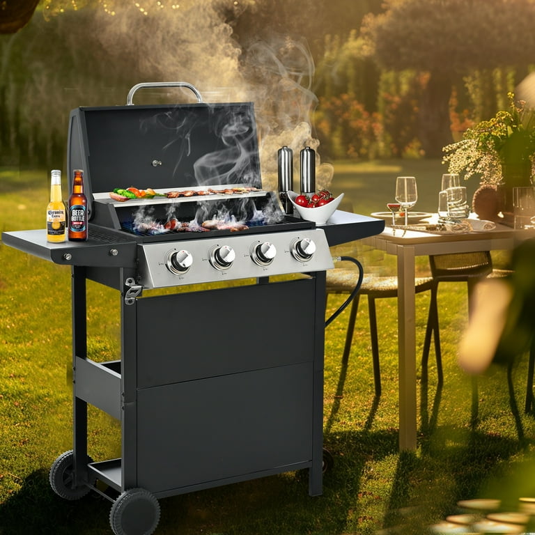 Propane Grill Smokeless BBQ Grill w 4 Burners Warming Area Powerful 34 200BTU Camping Gas Grill on Wheels Stainless Steel Outdoor Grill with