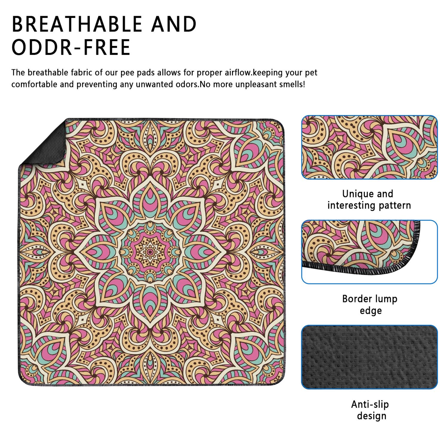 48" x48" Washable Reusable Pee Pads Mandala, Non-Slip Dog Potty Pads with Quick-Absorb Layer for Crate and Floor Protection