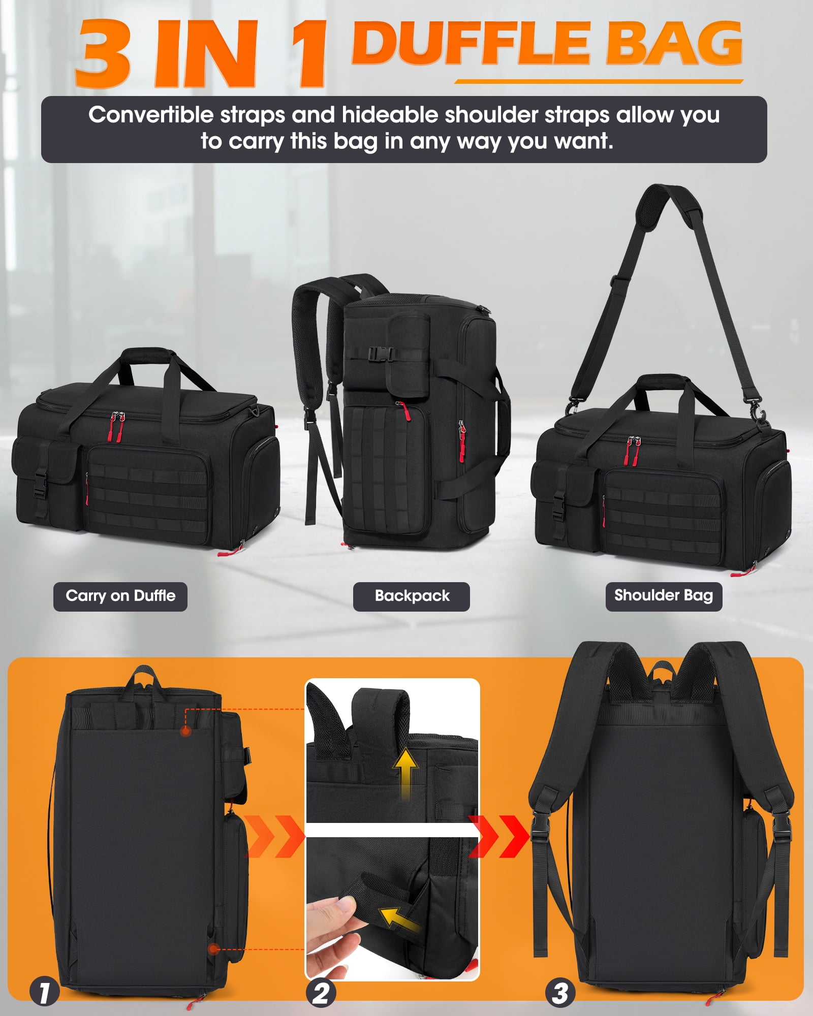 RAINSMORE Gym Bag for Men, 45L Sports Travel Duffel Bag with Shoe & Laptop Compartment, Gym Workout Backpack Carry On Weekender Bag Overnight Backpack for Travel, Black
