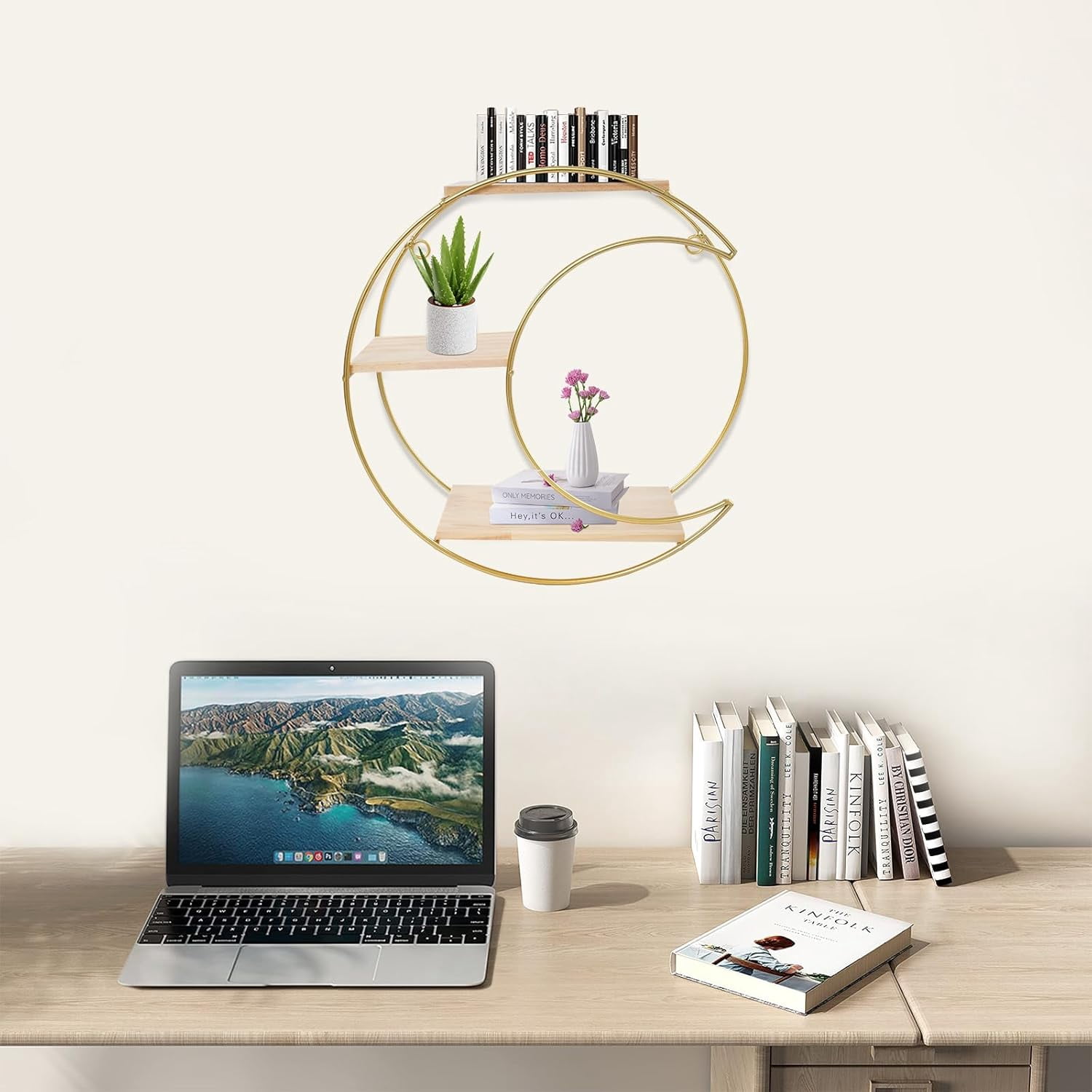 Floating Shelves for Wall - 3 Tier Decorative Geometric Circle Metal and Wood Decorative Wall Shelves, Bathroom Shelf Round Decor