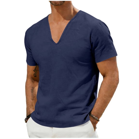 Timoontee Men's Solid Color Short Sleeved Deep V Linen Casual Fashion T-shirt Top Blue XXXL