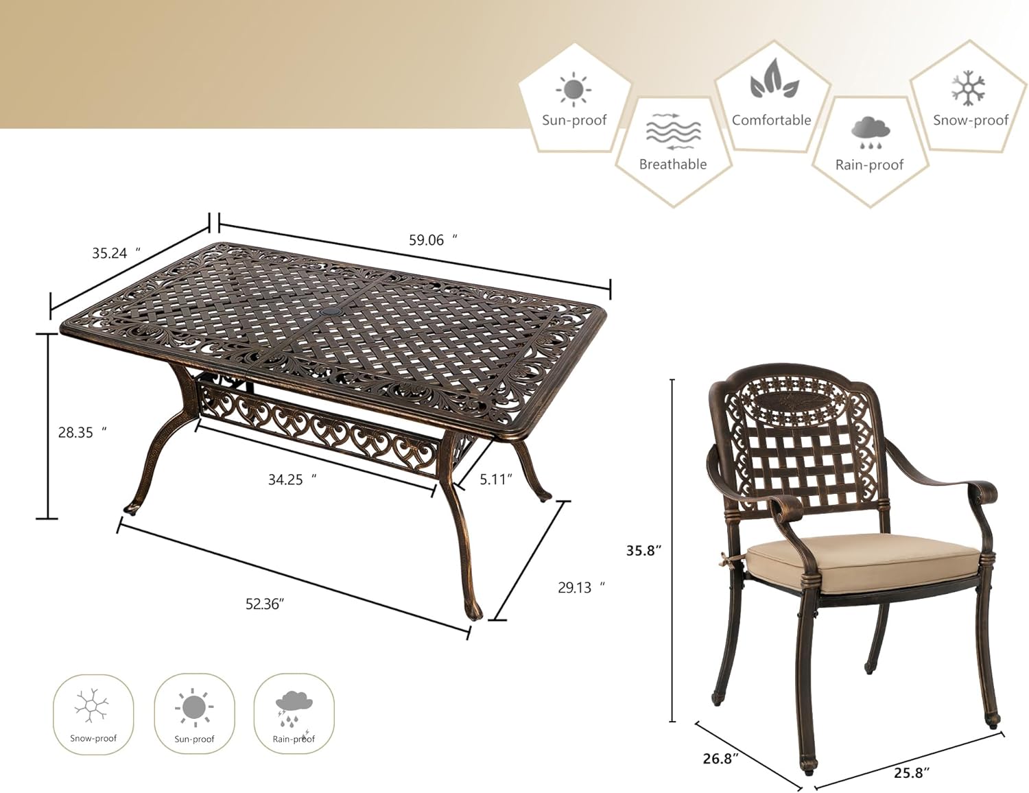 7-Piece Outdoor Furniture Dining Set, Cast Aluminum Patio Conversation Set with Table, 6 Chairs and Khaki Cushions