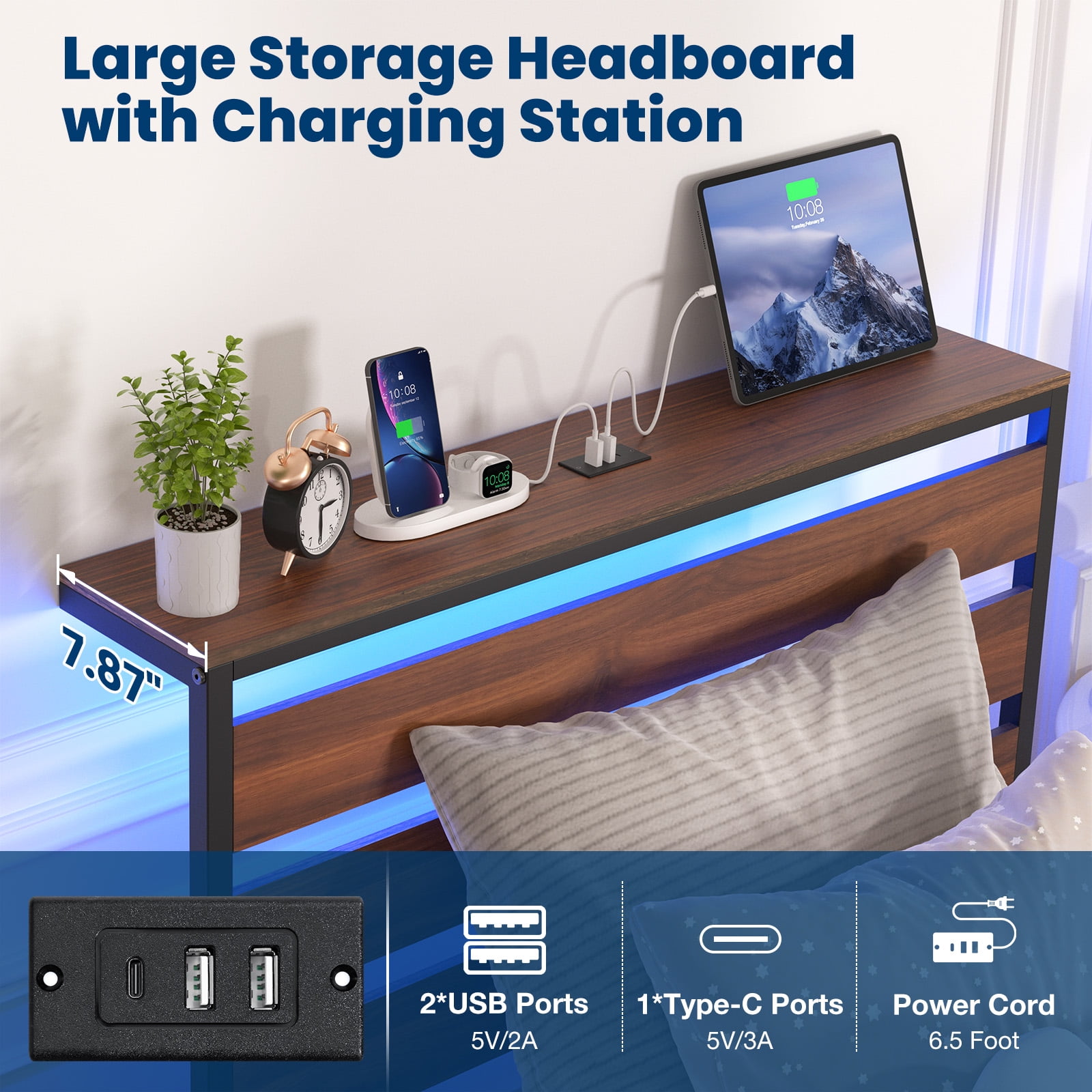 Lusimo 14" Twin Size LED Bed Frame with Storage Headboard and Charging Station Sturdy Metal Platform Bed with Round Footboard & 12'' Large Under Bed Storage