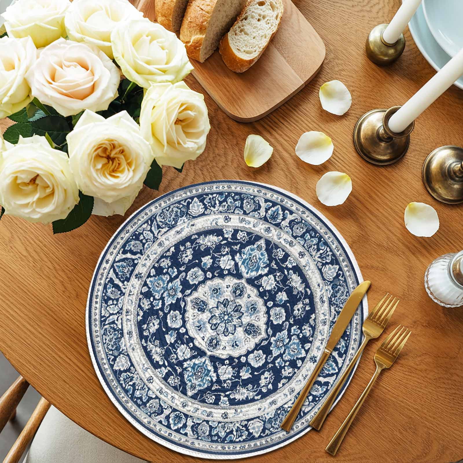 Round Placemats Bohemian White Blue Floral 15 inch Set of 4 Table Mats for Dining Table Vintage Ethnic Heat Resistant Non-Slip Kitchen & Home Decorative Place Mat Set