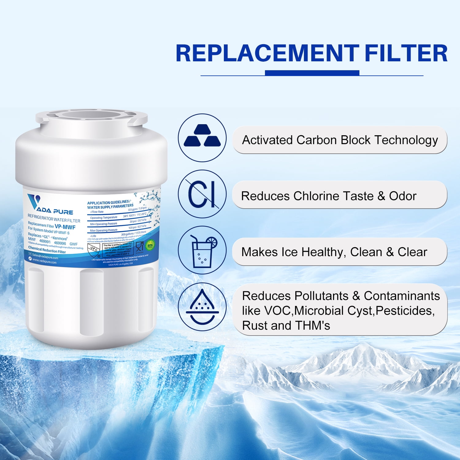 Vada Pure - Replacement for MWF Refrigerator Water Filter  MWF, MWFP, MWFA, 469991, 469996, GWF - Pack of 3